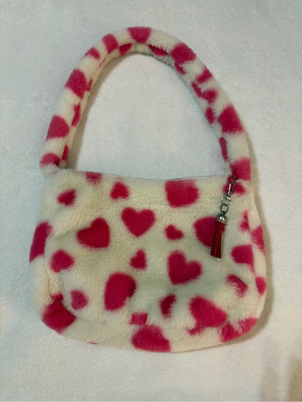 ROMWE Pink & White Heart Faux Fur Shoulder Bag